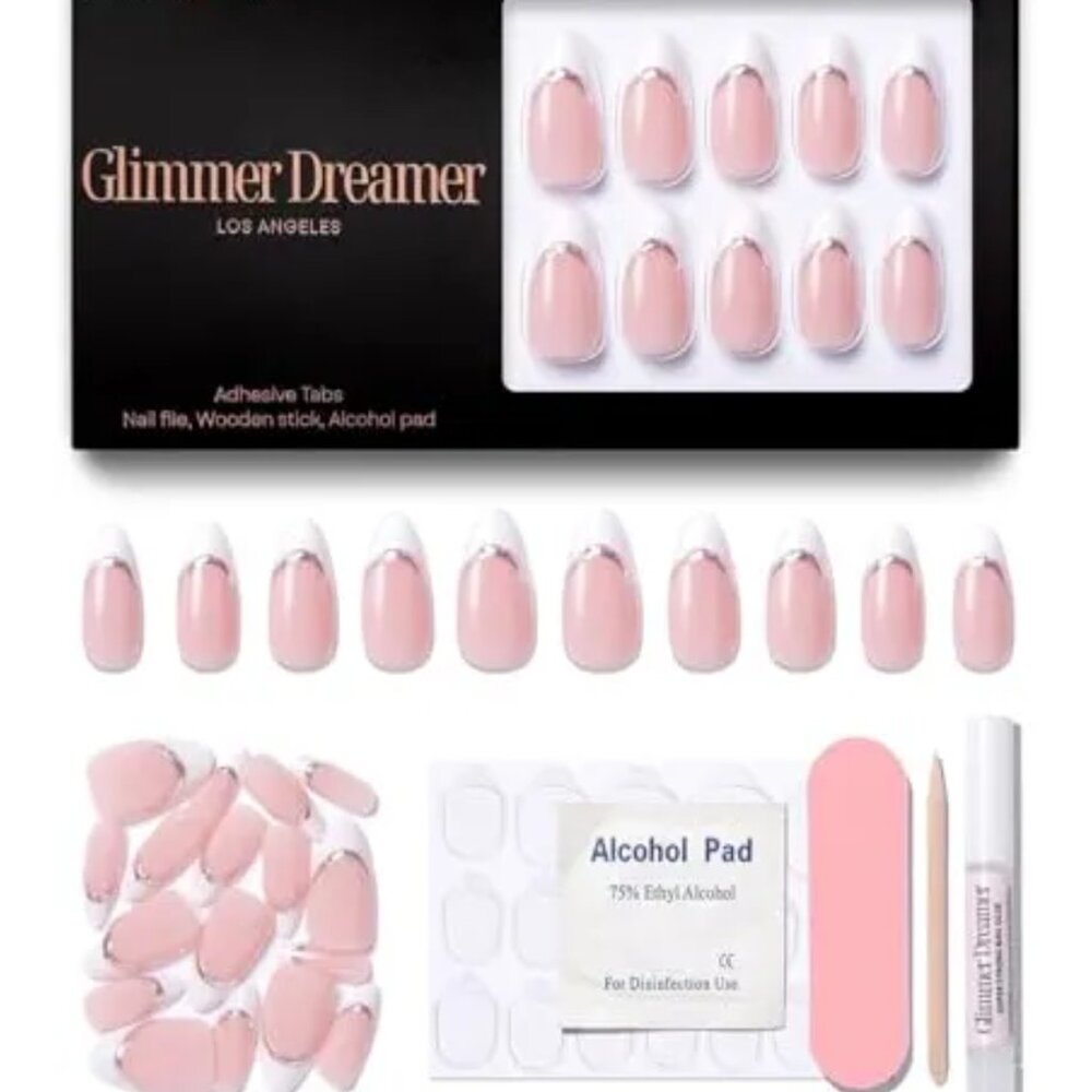Glimmer Dreamer Press On French Mani Reusable Almond Nails 32 Drewdrop Glaze NWT